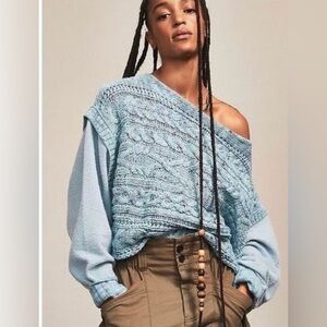 Free People Honey Cable Pullover Sweater in Siren Blue Combo sz M .Rarely worn